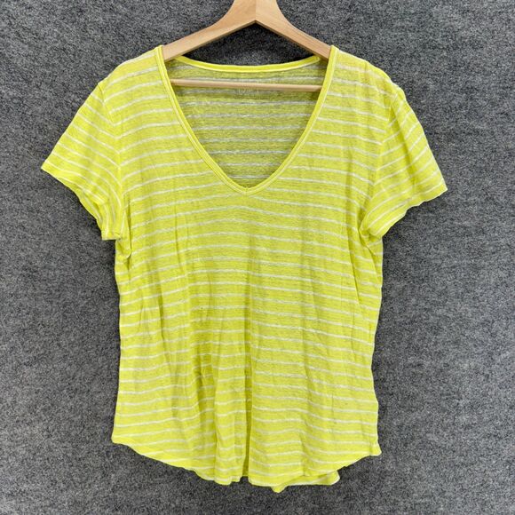 Gap T-Shirt Women M Medium Yellow Striped V-Neck Short Sleeve Linen Casual - Picture 1 of 7